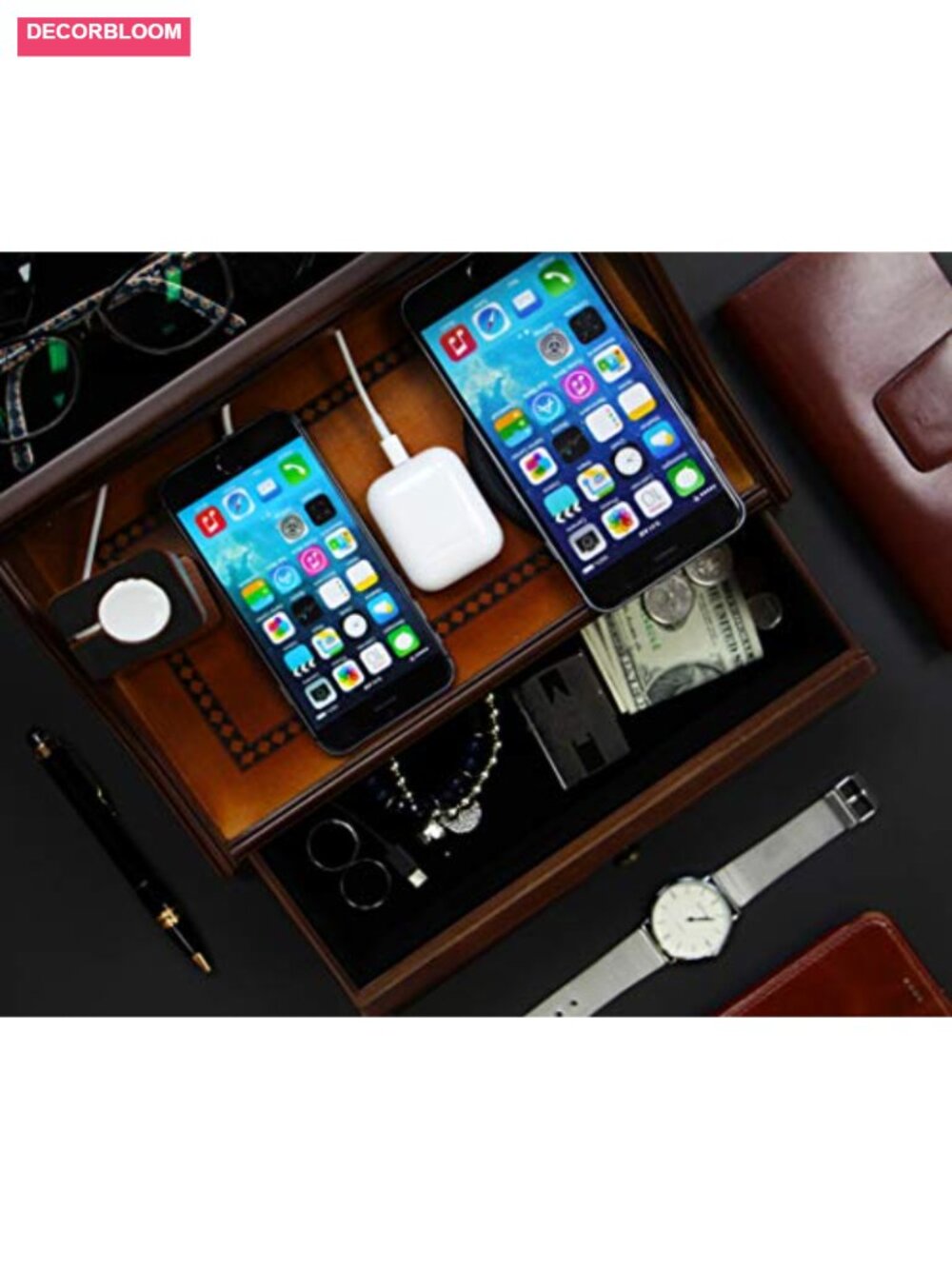 Wooden Multi-Device Charging Station and Valet with Drawer - Picture 3 of 6